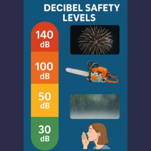 A chart shows 4 decibel safety levels. 