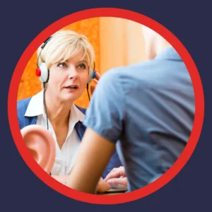 A woman takes a hearing test. 