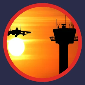 A fighter jet flies by a tower. 