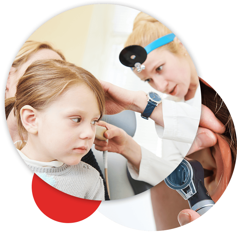 photo collage, doctor inspecting child's ear