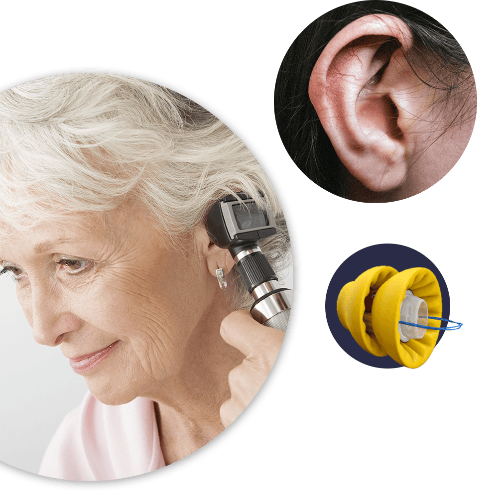 photo collage, hearing aid, close-up of ear