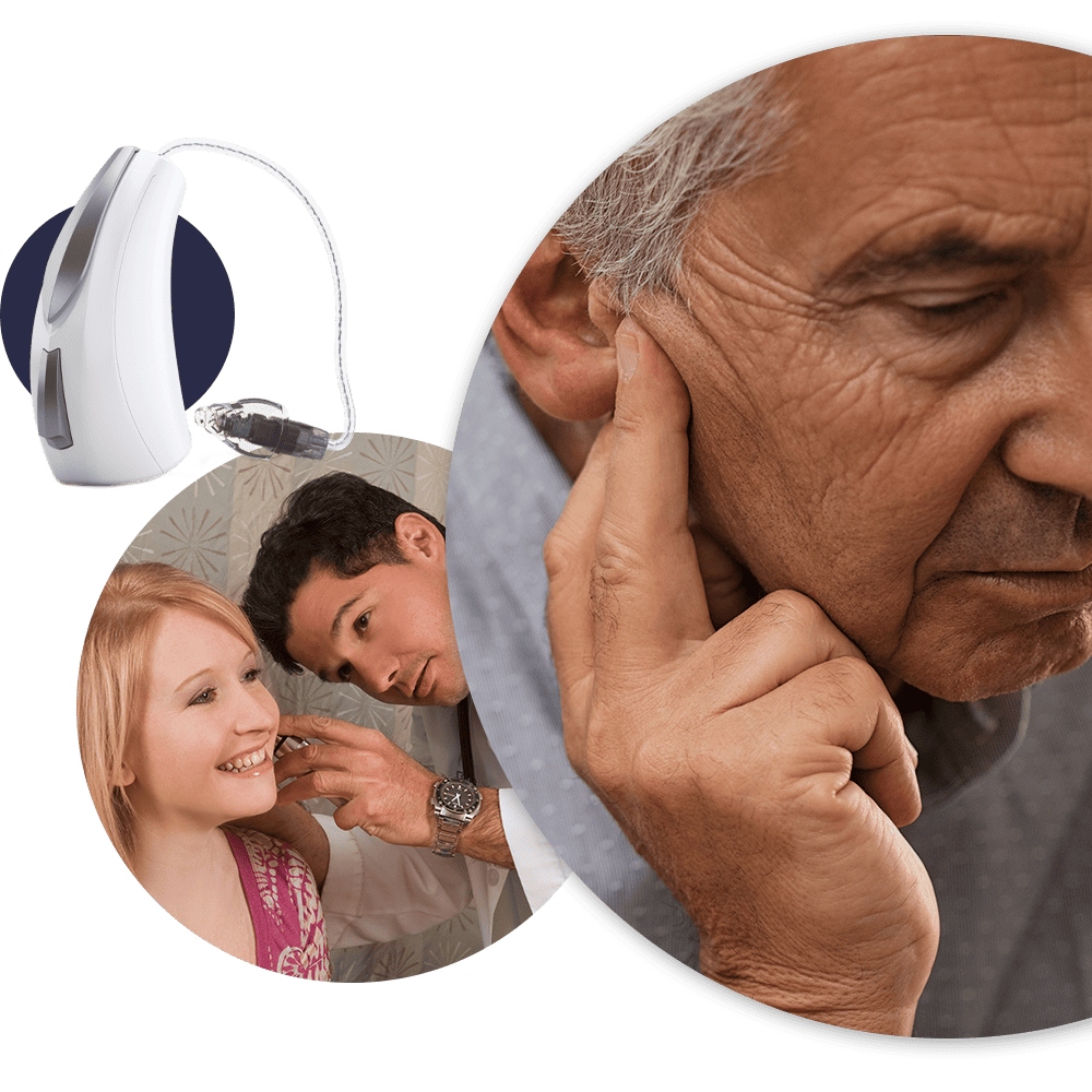 collage of ear doctor and hearing aid product photos