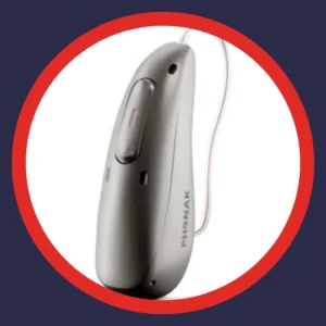 A silver Phonak Sphere hearing aid stands on a white background.