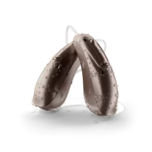 Two Phonak hearing aids stand against a white background. 