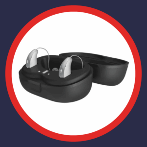 Rechargeable hearing aids sit in their charging case.