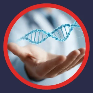 A DNA strand hovers over a hand.