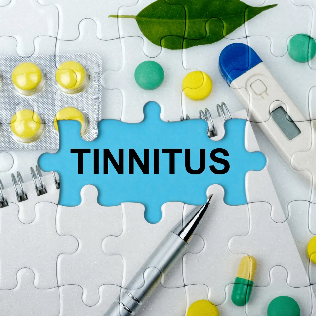 A puzzle of pills and leaves shows the word “tinnitus” under the missing pieces.