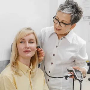 A woman has her hearing checked by an audiologist.