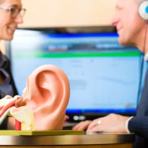 A 3-D model of an ear sits on a table where a patient and audiologist talk. 