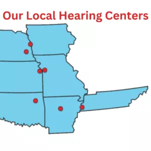 A map of the midwest with red dots representing the locations of American Hearing + Audiology centers.