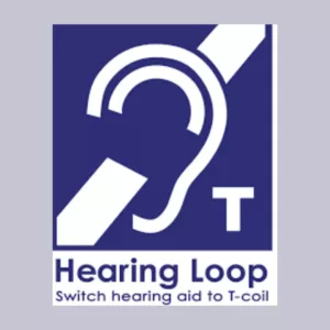 The telecoil symbol, an ear with a “T” next to it, sits on a blue background. 