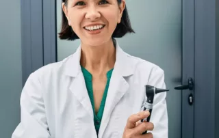 An audiologist smiles and holds an otoscope.