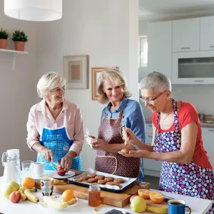 Older women bake together in a bright kitchen.