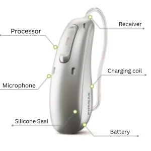 A diagram of a hearing aid with the processor and battery labeled. 