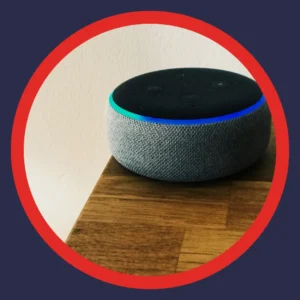 A blue light shows on an Amazon Alexa. 
