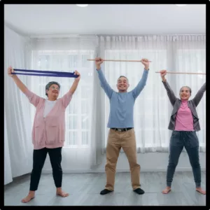 Older people exercise with stretch bands. 