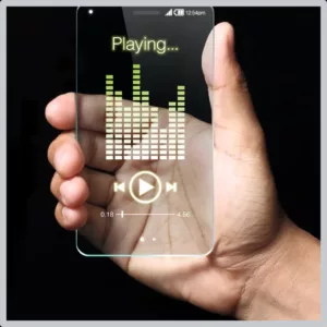 A hand holds a phone that shows sounds playing. 