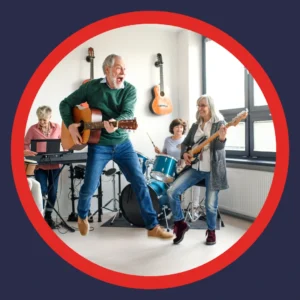 Older people jam in a band.