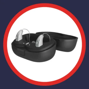 Hearing aids sit in a black charging case.