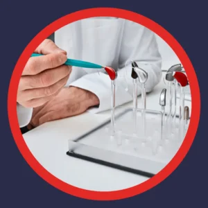 An audiologist points to a tray of hearing aids.