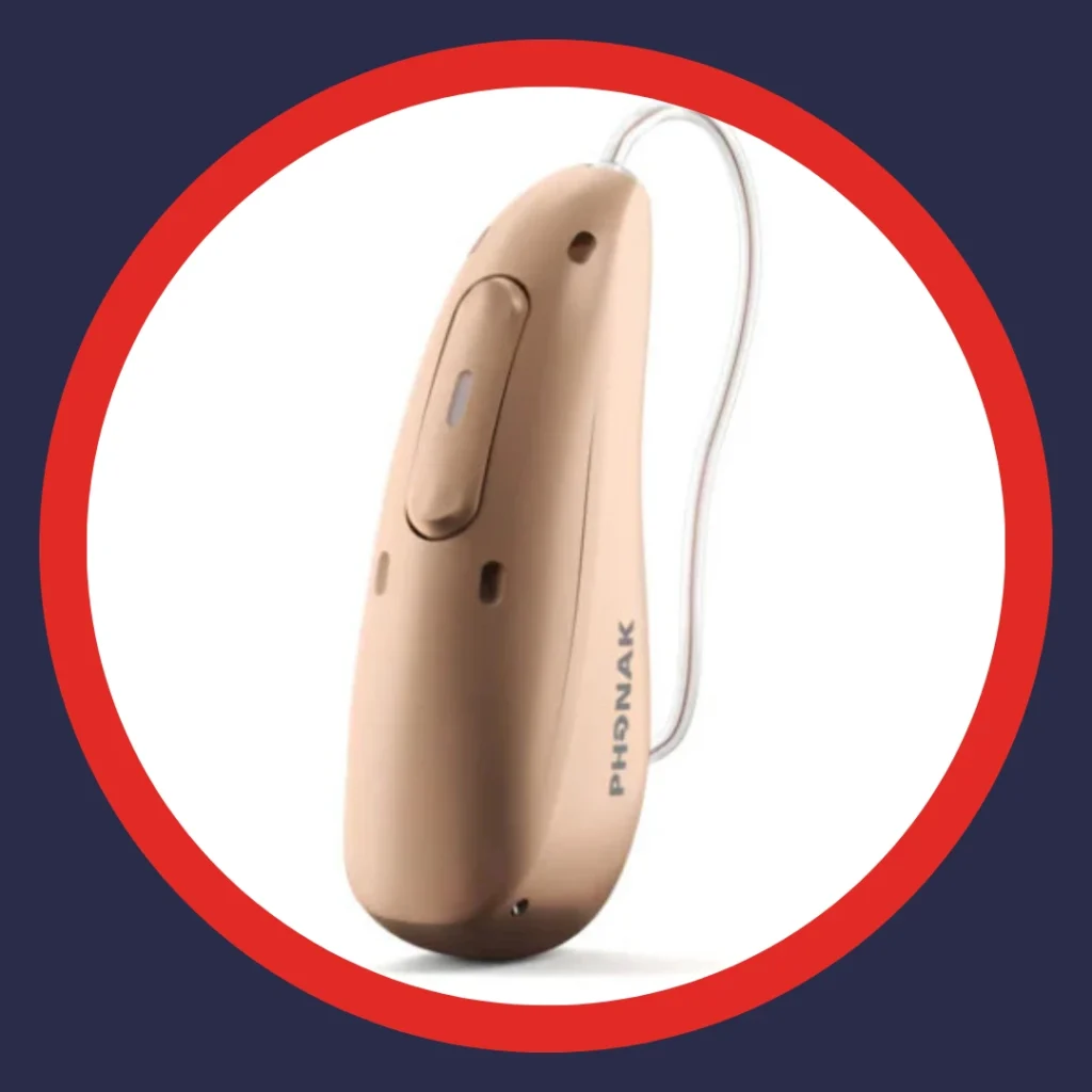 A beige Phonak hearing aids stands on a white background.