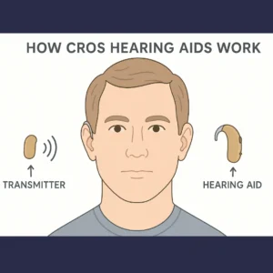 A diagram of how CROS hearing aids work. 