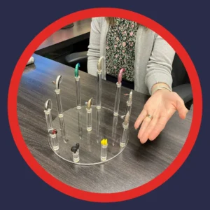 An audiologist shows a tray of hearing aid samples. 