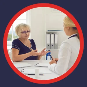 A woman consults with her audiologist. 