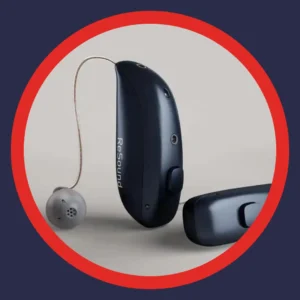A Resound Vivia hearing aid sits on a white background. 