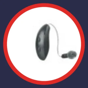A Starkey Edge AI hearing aid sits on a white background. 