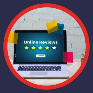 A laptop screen shows the words, "online reviews." 