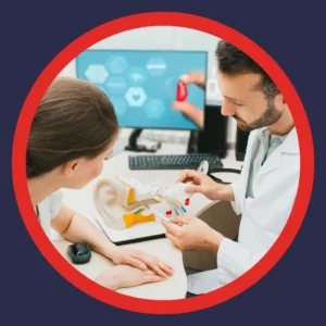 An audiologist talks to his patient. 