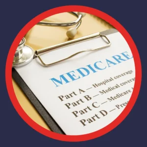A clipboard shows all the parts of Medicare. 