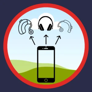 A phone outline points to a hearing aid, headphones and Airpods. 