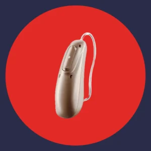 A Phonak Sphere Infinio hearing aid stands on a red background. 