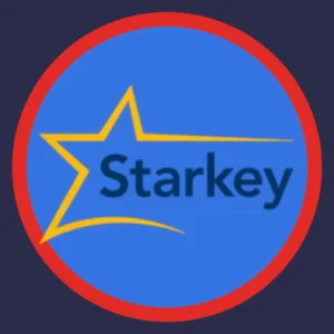 The Starkey logo rests on a blue background. 