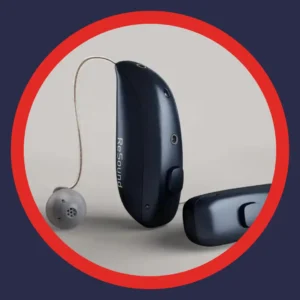 Black Resound Vivia hearing aids sit on a white background. 