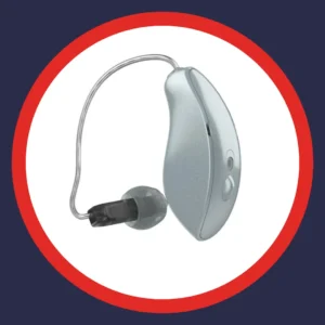 A silver Starkey Omega AI hearing aid stands on a white background. 