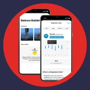 Two cell phones show the Balance Builder and the My Starkey screens. 