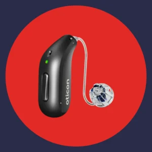 A black Oticon Intent hearing aid sits on a red background. 