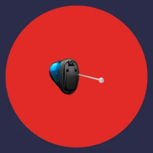 A black Oticon Own hearing aid sits on a red background. 