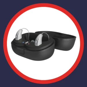 Starkey Edge AI hearing aids sit in their charging case. 
