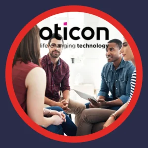 Friends chat under the Oticon logo. 