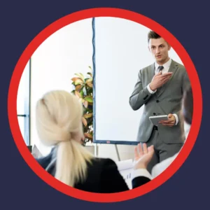 A man presents at work. 