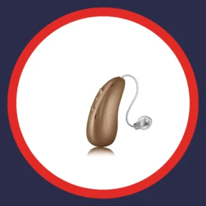 A beige Moxi hearing aid stands on a white background. 