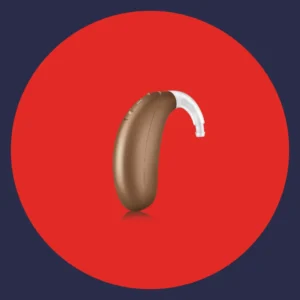 A gold Stride hearing aid stands on a red background. 