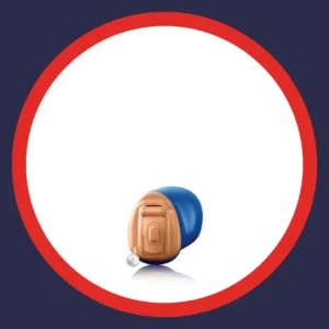 A beige and blue Unitron Insera hearing aid sits on a white background. 