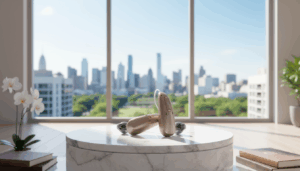 Phonak Infinio hearing aids with domes sit on a table.