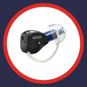 A black Oticon Zeal hearing aid sits on a white background. 