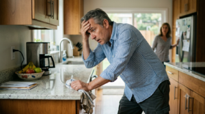 A dizzy man holds onto a counter. 